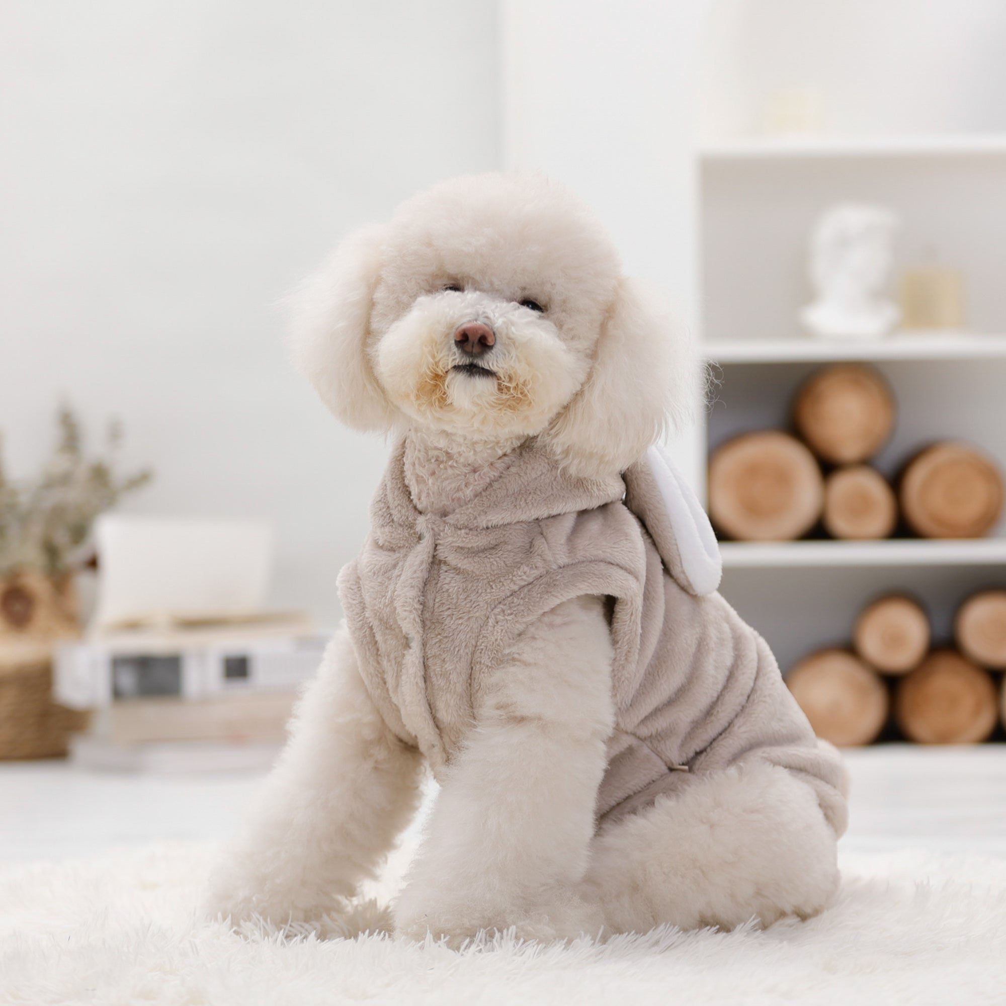 Pupwonders | Double-Sided Flannel Dog Hoodie - Rabbit,Grey