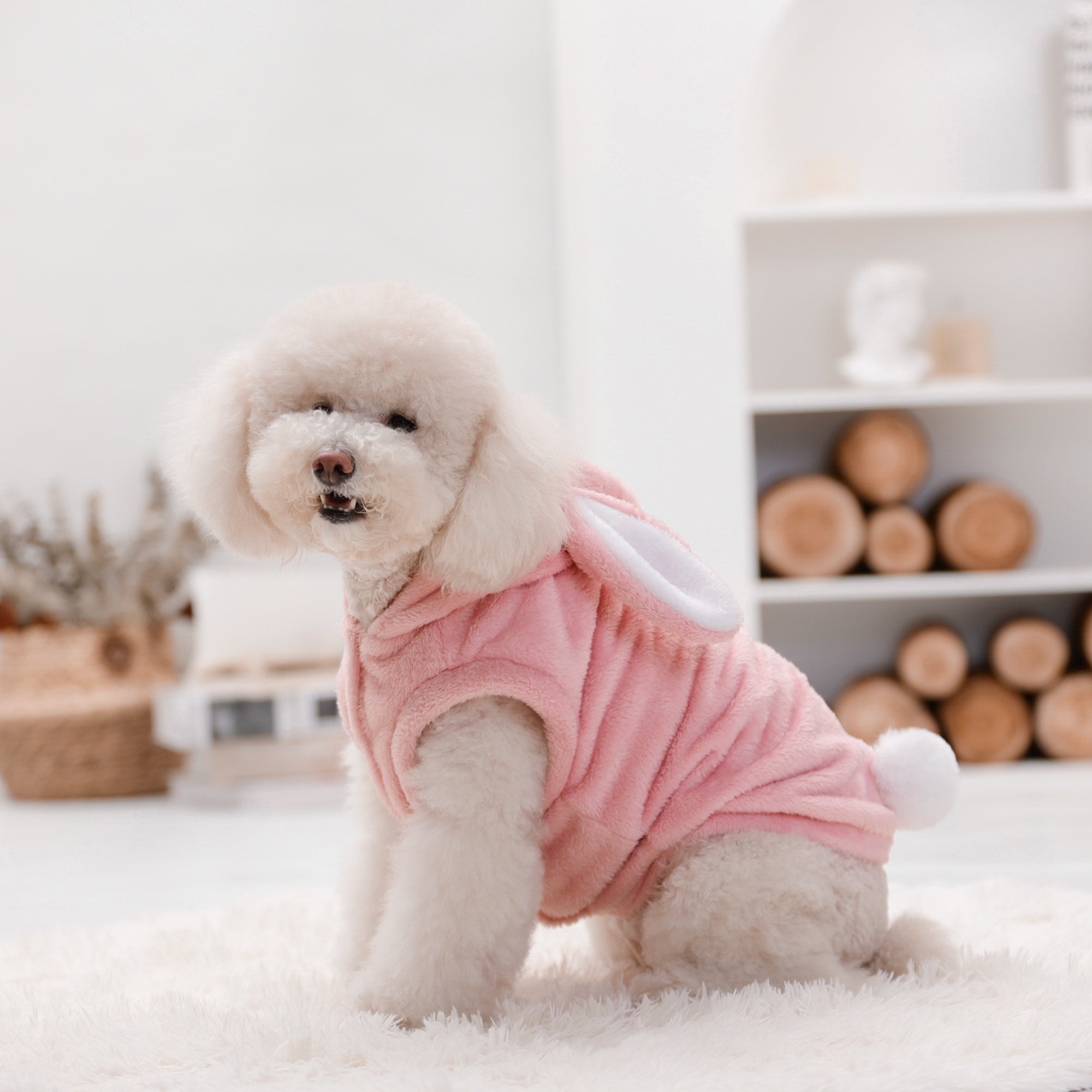 Pupwonders | Double-Sided Flannel Dog Hoodie - Rabbit,Pink