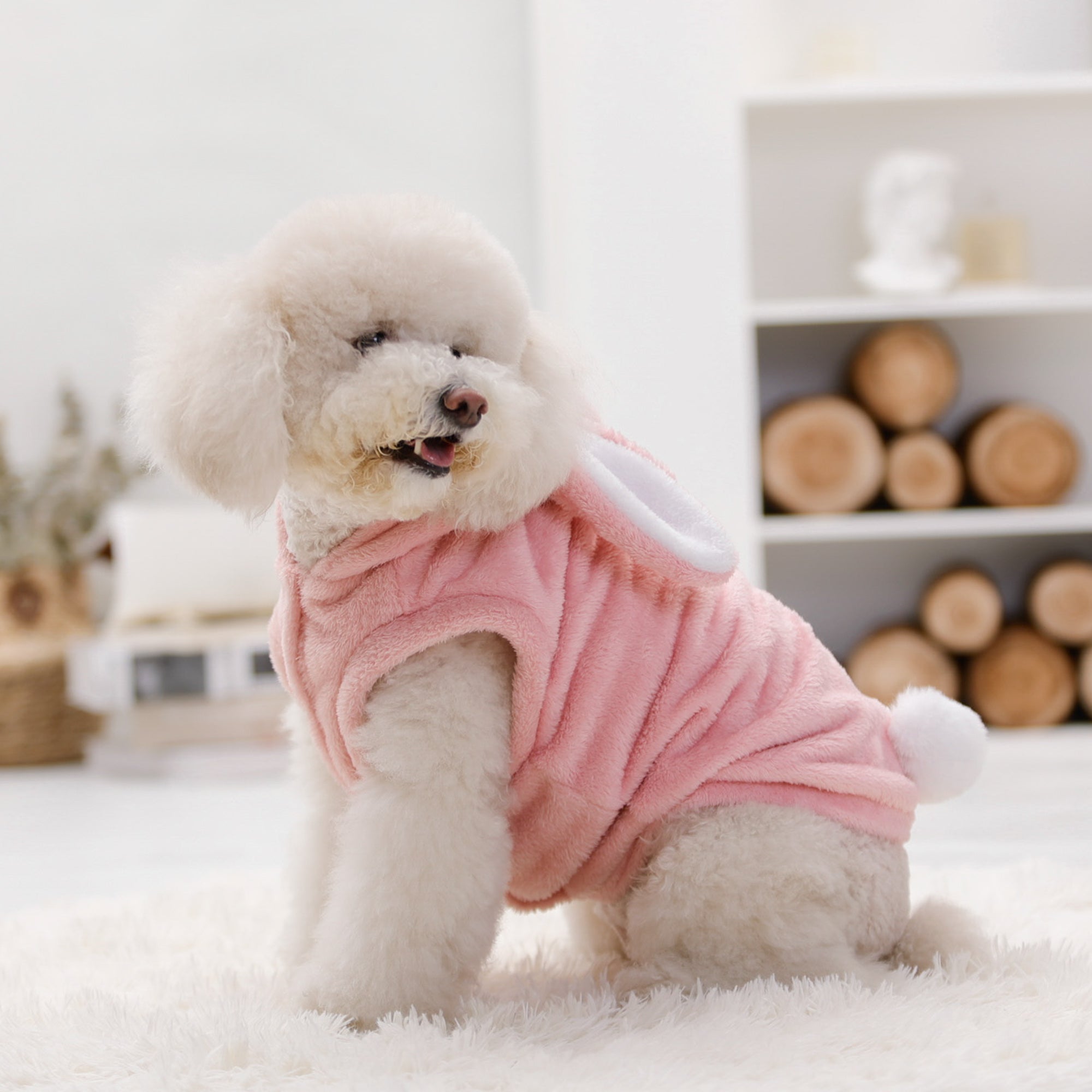 Pupwonders | Double-Sided Flannel Dog Hoodie - Rabbit,Pink